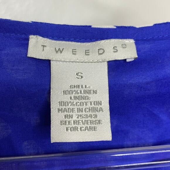 TWEEDS Linen Polka Dot Tank Top V-Neck Knotted-Strap Lined Blue White Size Small - Picture 4 of 6